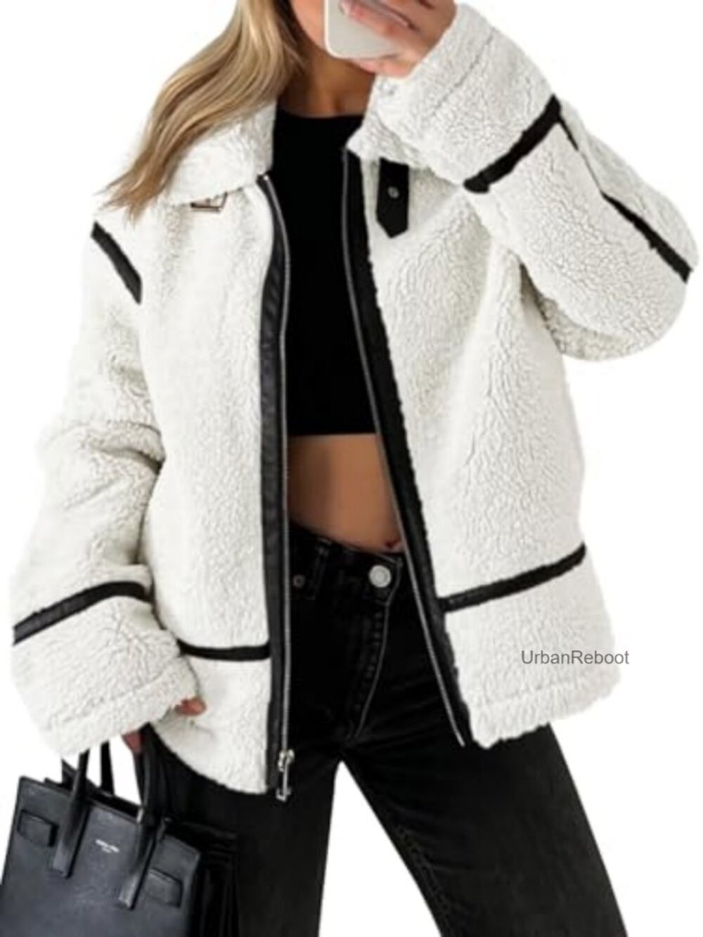 Faux Fur Moto Zip Up Jacket Cropped Oversized Sherpa Coat